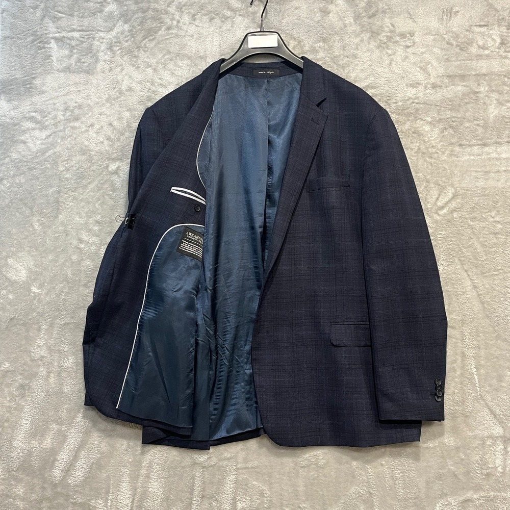 Awearness Kenneth Cole Blazer Mens 52 Long Navy Plaid Wool Blend Stretch Jacket